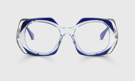 [10 - Decorative Cobalt and Clear Corners Matched with Intricate Stainless Steel Temples]