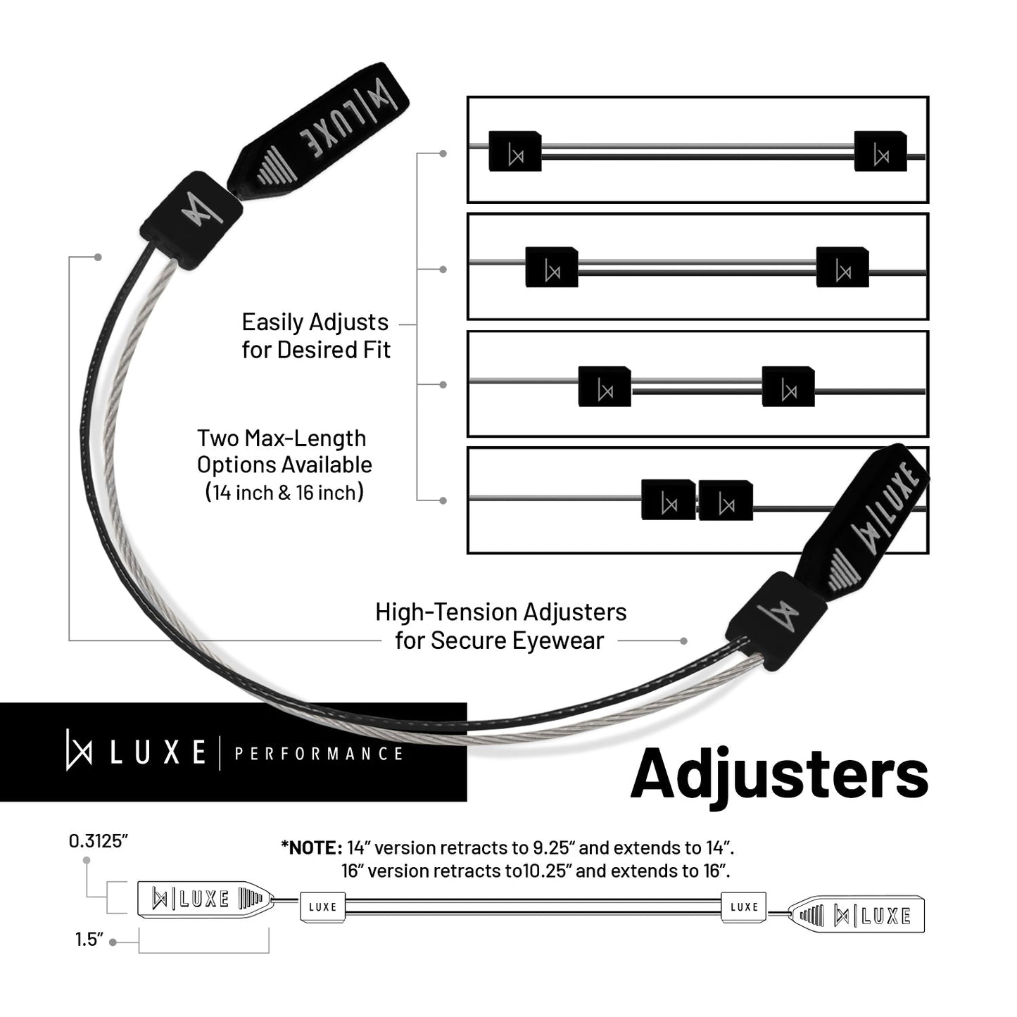 Luxe Performance Eyewear Cable Strap Grey & Black 16"